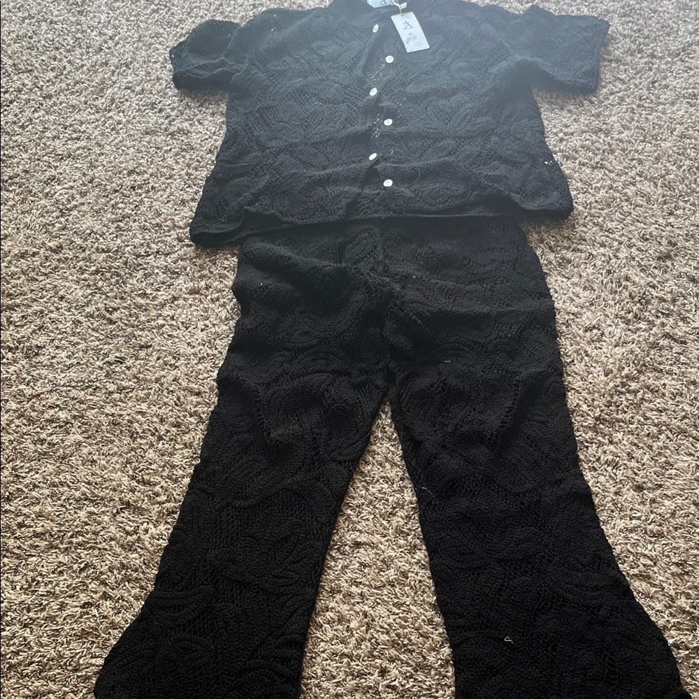 Black Lace Button-Up Top and Pants Set